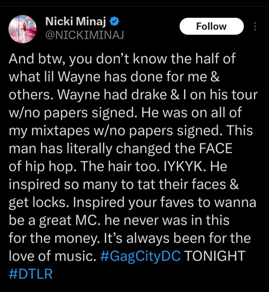 Nicki Minaj heaps praises on Lil Wayne