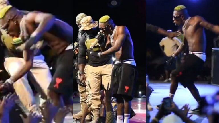 Shatta Wale kicks fan who tried to pull him from stage into the crowd