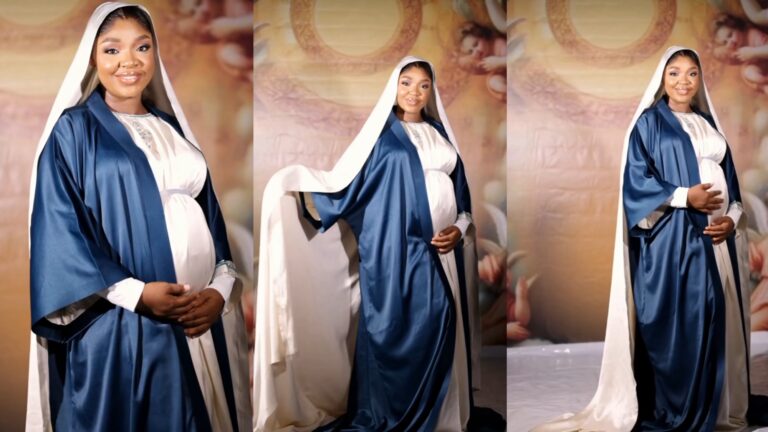 Actress Ekene Umenwa imitates Virgin Mary as she announces she has given birth