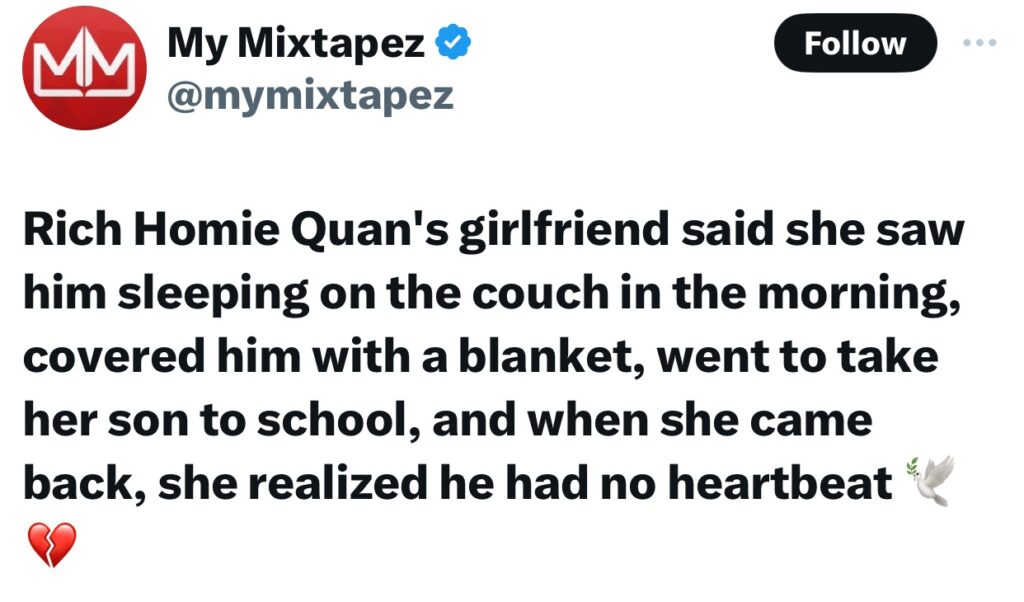 Rich Homie Quan's girlfriend narrates how she covered him with blanket while he was sleeping without knowing he died